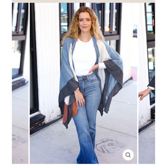 Cozy Color-block Blanket‎ Wrap Poncho Waterfall Cardigan Blue Cream Rust Gray - Picture 3 of 4